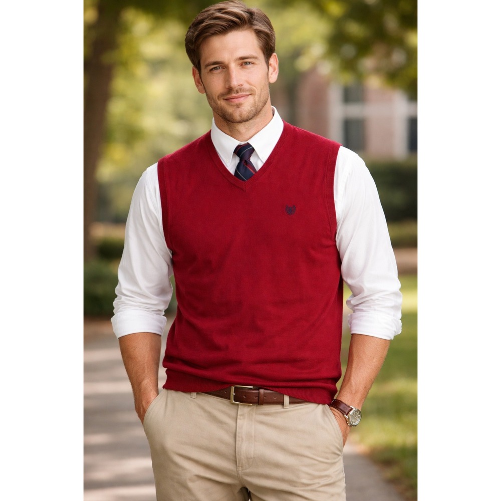 Chaps Men's XL Sweater Vest‎ Red Cotton Knit V-Neck Preppy Classic Academia Soft